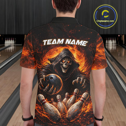 Personalized Skull Bowling Polo, 1/4 zip Jerseys for Men Custom Black and Orange Bowling Team shirts NQS11474