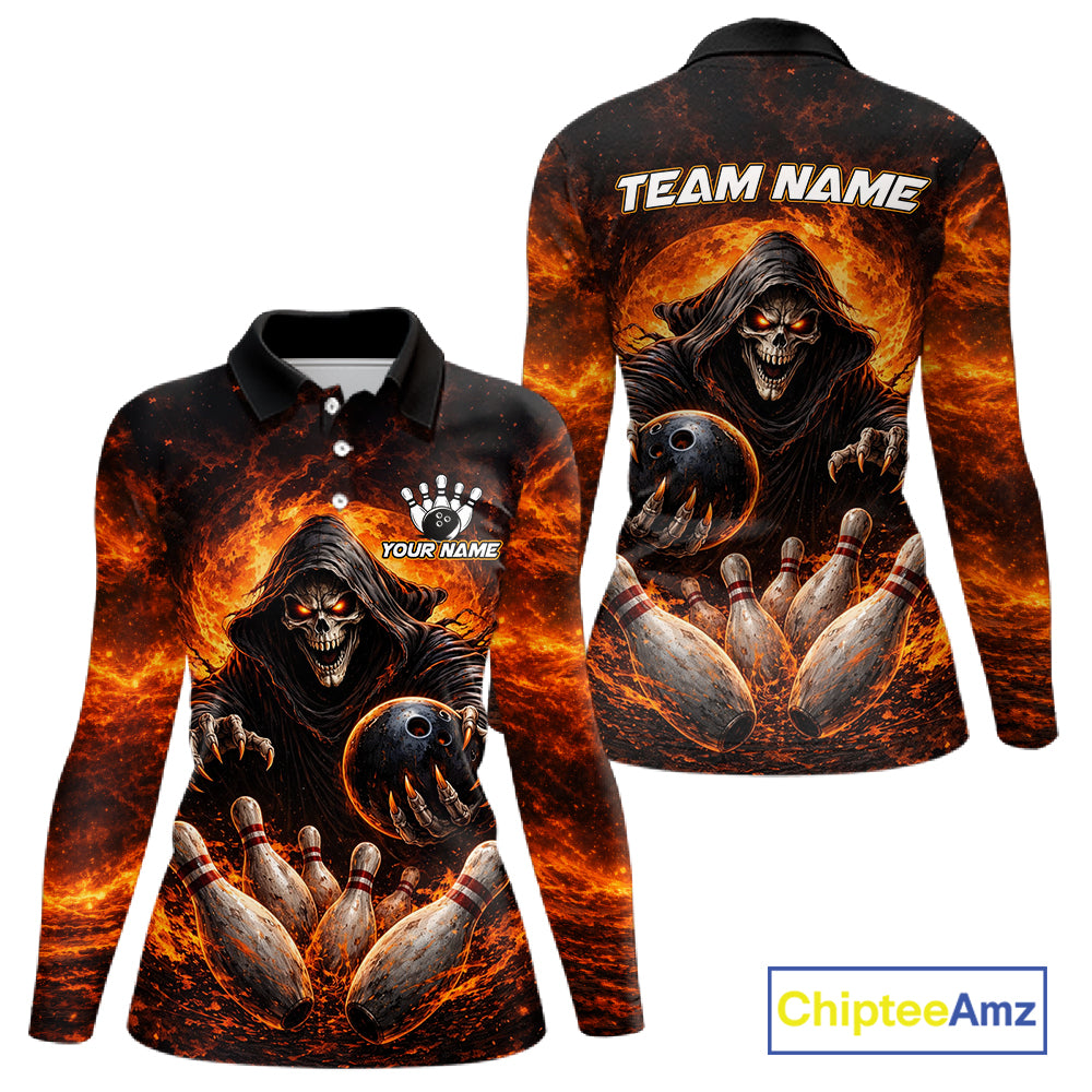 Personalized Skull Bowling Polo, 1/4 zip Jerseys for Women Custom Black and Orange Bowling Team shirt NQS11474