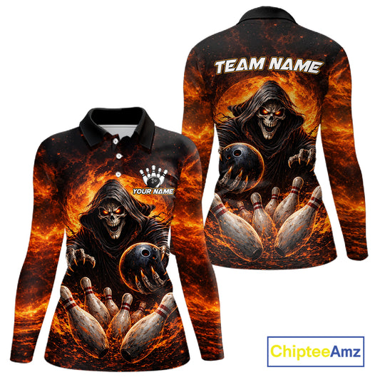Personalized Skull Bowling Polo, 1/4 zip Jerseys for Women Custom Black and Orange Bowling Team shirt NQS11474