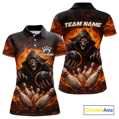 Personalized Skull Bowling Polo, 1/4 zip Jerseys for Women Custom Black and Orange Bowling Team shirt NQS11474
