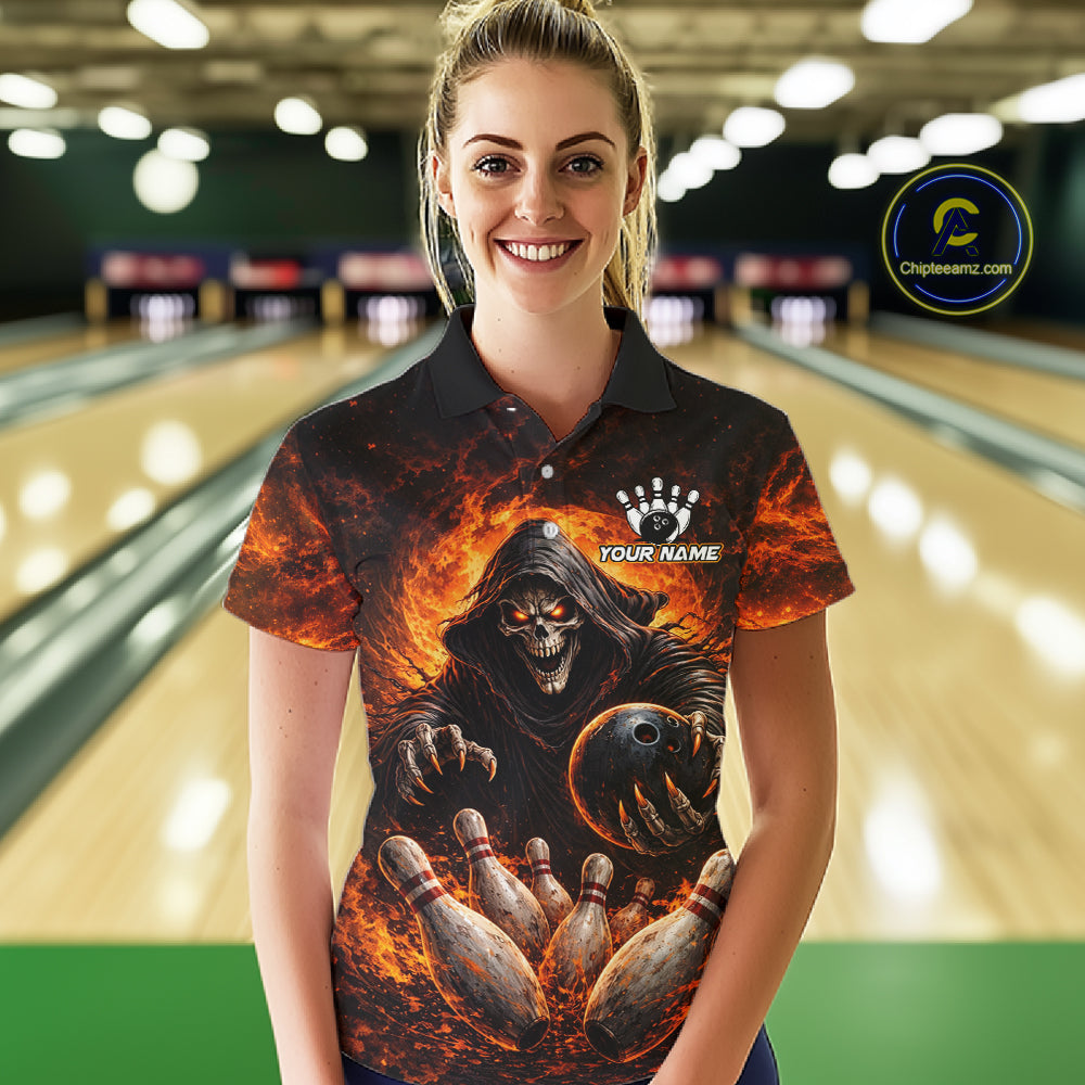 Personalized Skull Bowling Polo, 1/4 zip Jerseys for Women Custom Black and Orange Bowling Team shirt NQS11474