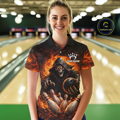 Personalized Skull Bowling Polo, 1/4 zip Jerseys for Women Custom Black and Orange Bowling Team shirt NQS11474