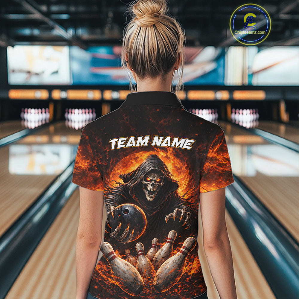 Personalized Skull Bowling Polo, 1/4 zip Jerseys for Women Custom Black and Orange Bowling Team shirt NQS11474