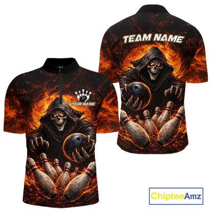 Personalized Skull Bowling Polo, 1/4 zip Jerseys for Men Custom Black and Orange Bowling Team shirts NQS11474