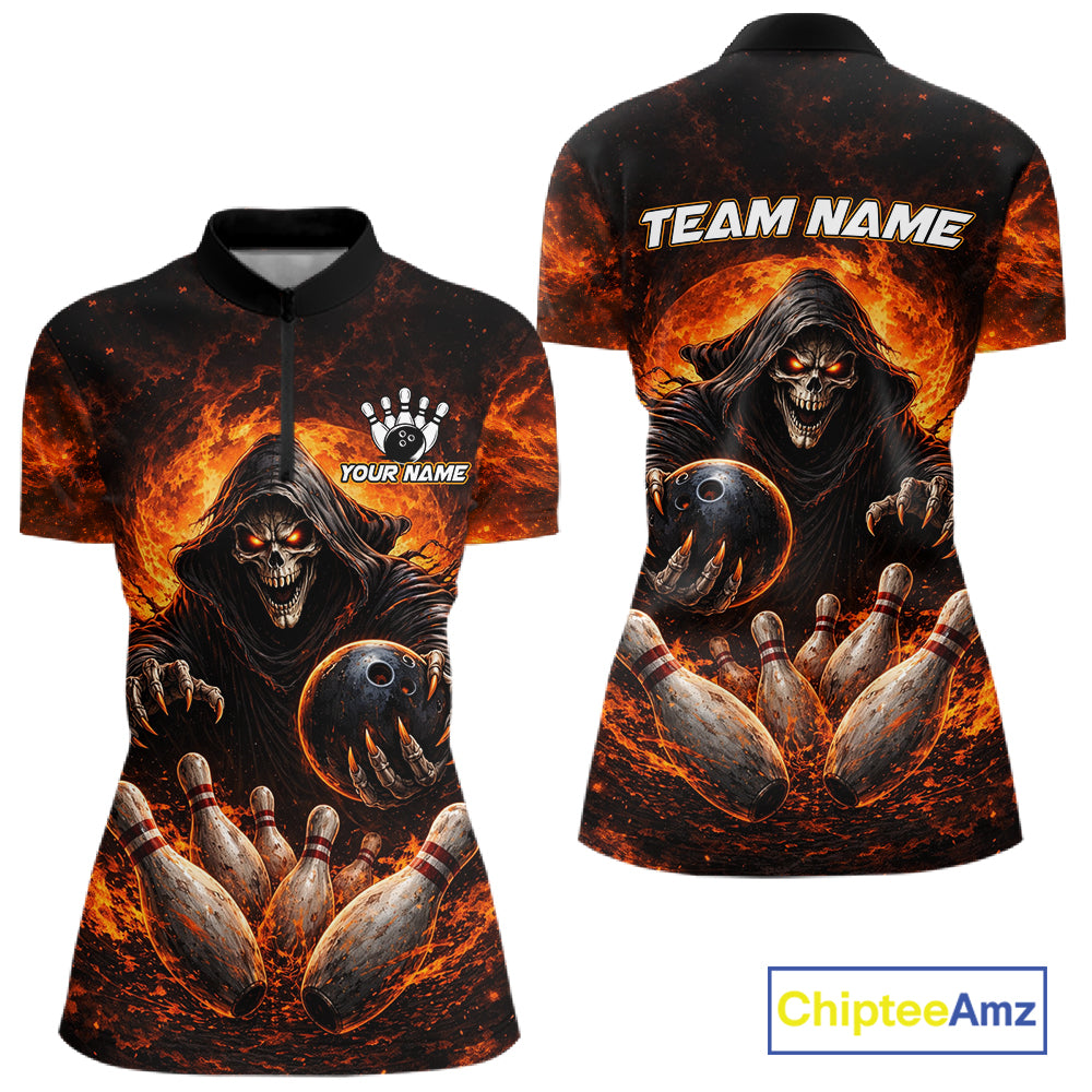 Personalized Skull Bowling Polo, 1/4 zip Jerseys for Women Custom Black and Orange Bowling Team shirt NQS11474
