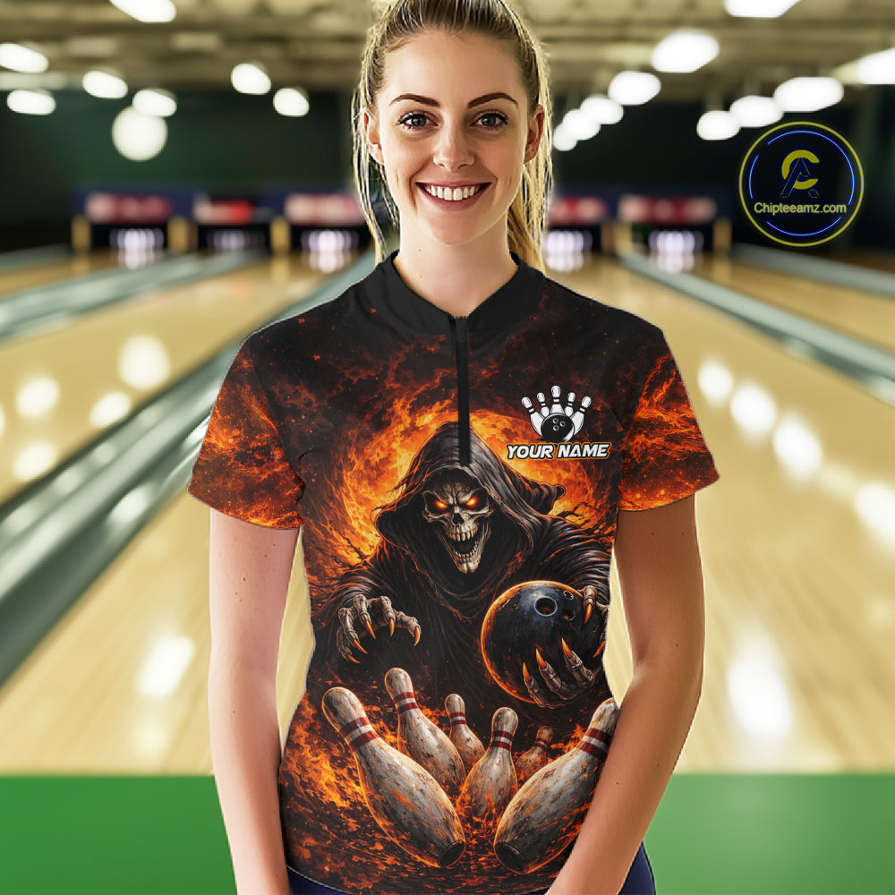 Personalized Skull Bowling Polo, 1/4 zip Jerseys for Women Custom Black and Orange Bowling Team shirt NQS11474