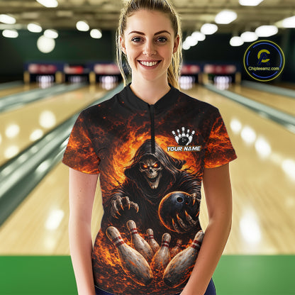 Personalized Skull Bowling Polo, 1/4 zip Jerseys for Women Custom Black and Orange Bowling Team shirt NQS11474
