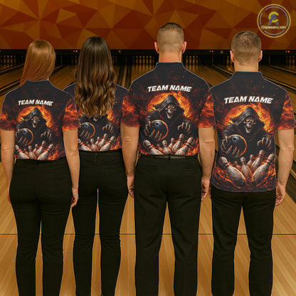 Personalized Skull Bowling Polo, 1/4 zip Jerseys for Men Custom Black and Orange Bowling Team shirts NQS11474