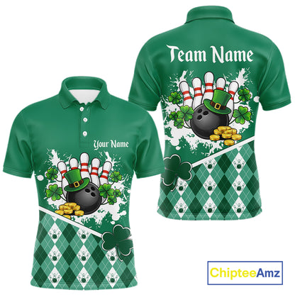 Green argyle pattern St Patrick Bowling Polo, 1/4 zip shirts for Men Custom team bowling jerseys NQS11477