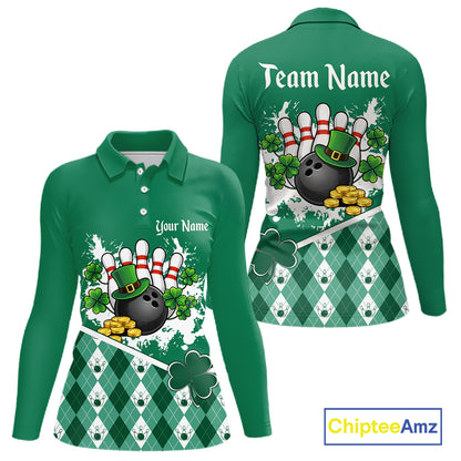 Green argyle pattern St Patrick Bowling Polo, 1/4 zip shirts for Women Custom team bowling jerseys NQS11477