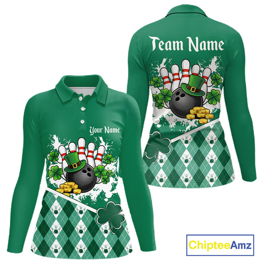 Green argyle pattern St Patrick Bowling Polo, 1/4 zip shirts for Women Custom team bowling jerseys NQS11477
