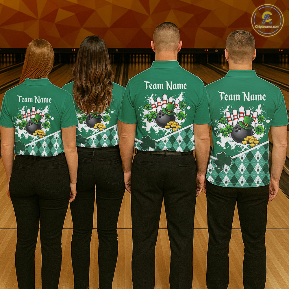 Green argyle pattern St Patrick Bowling Polo, 1/4 zip shirts for Women Custom team bowling jerseys NQS11477