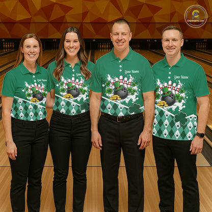 Green argyle pattern St Patrick Bowling Polo, 1/4 zip shirts for Women Custom team bowling jerseys NQS11477