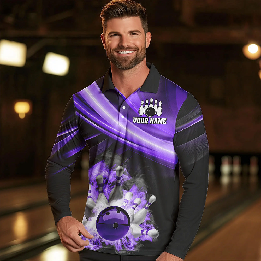 Personalized Black and Purple Smoke Flame Bowling Polo, 1/4 Zip Shirts For Men, cool bowling jerseys NQS9544