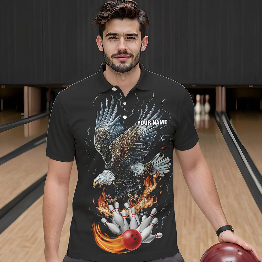Black Mens Bowling Polo, 1/4 Zip Shirt Custom Flame Eagle Lightning bowling outfit gifts for bowlers NQS9707