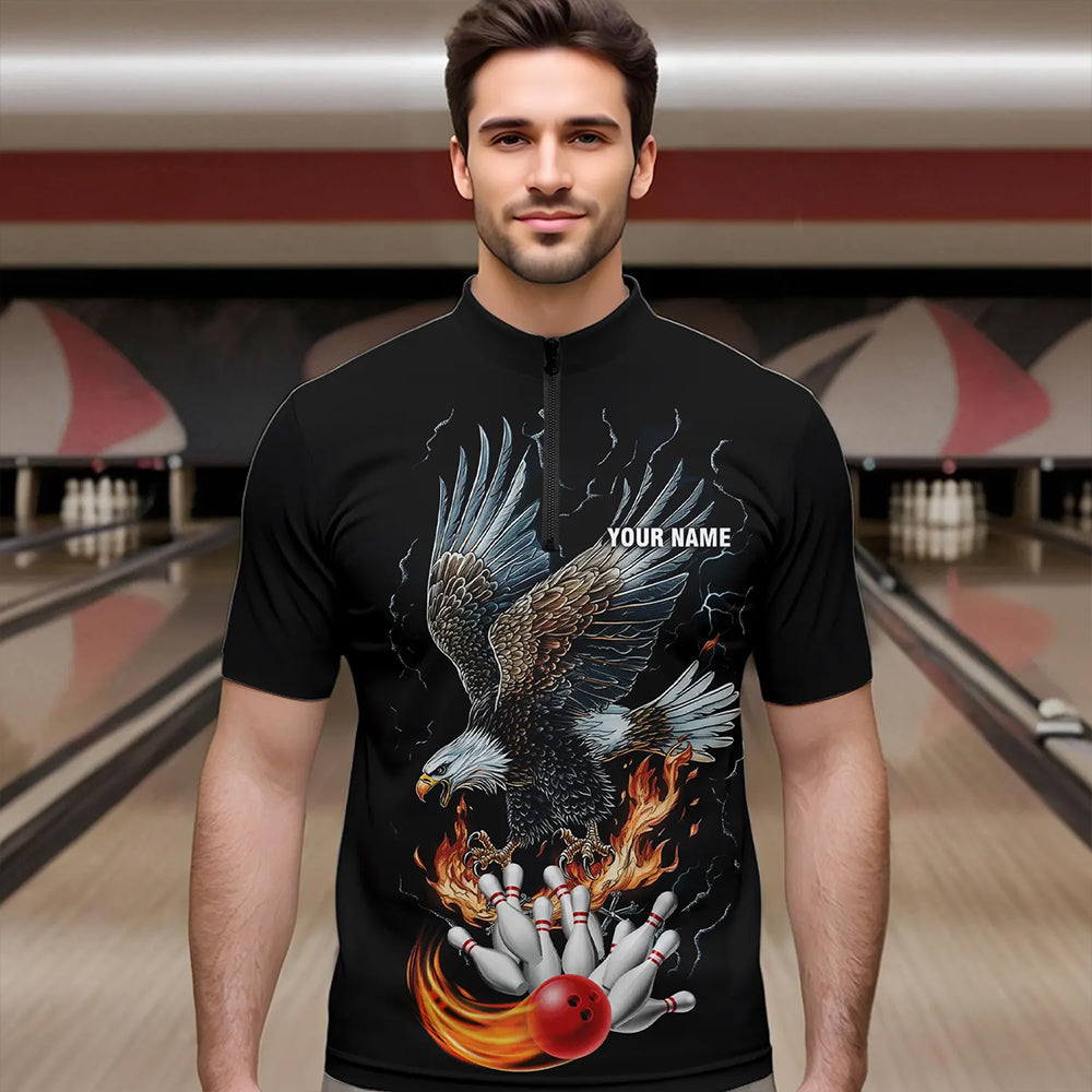 Black Mens Bowling Polo, 1/4 Zip Shirt Custom Flame Eagle Lightning bowling outfit gifts for bowlers NQS9707
