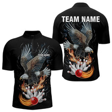 Load image into Gallery viewer, Black Mens Bowling Polo, 1/4 Zip Shirt Custom Flame Eagle Lightning bowling outfit gifts for bowlers NQS9707