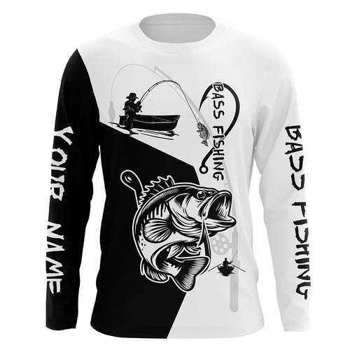 Black and White Bass Fishing Custom Name 3D All Over Printed Shirts, Personalized Fishing gifts NQS355