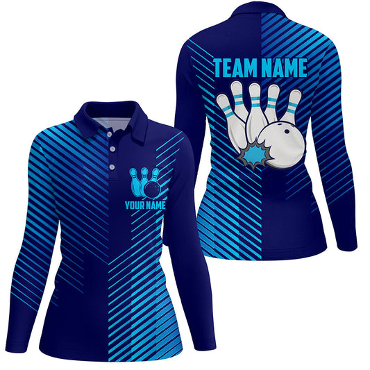 Blue stripes pattern bowling ball pins custom Women's bowling Polo, Quarter Zip shirts team jerseys NQS7843