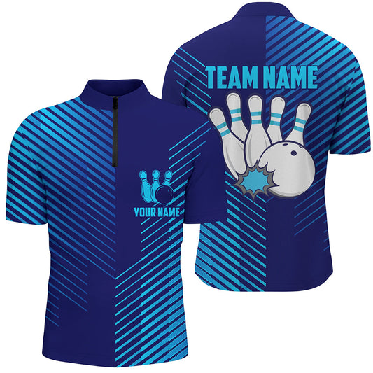 Blue stripes pattern bowling ball pins custom Men's bowling Polo, Quarter Zip shirts team jerseys NQS7843