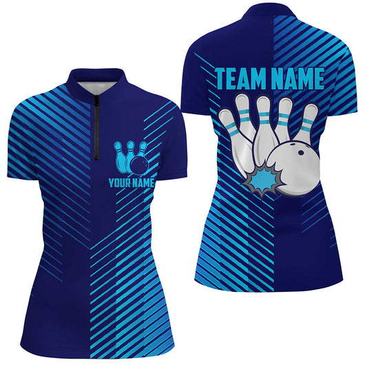 Blue stripes pattern bowling ball pins custom Women's bowling Polo, Quarter Zip shirts team jerseys NQS7843