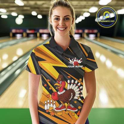 Custom Funny Turkey Bowling Shirts For Women, Black and Yellow Camo Thanksgiving Bowling Shirt Team NQS10683