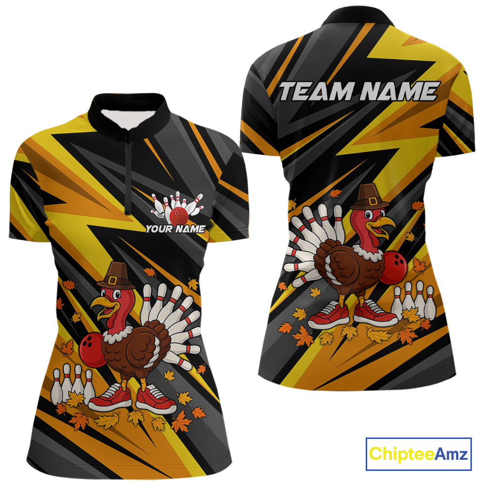 Custom Funny Turkey Bowling Shirts For Women, Black and Yellow Camo Thanksgiving Bowling Shirt Team NQS10683
