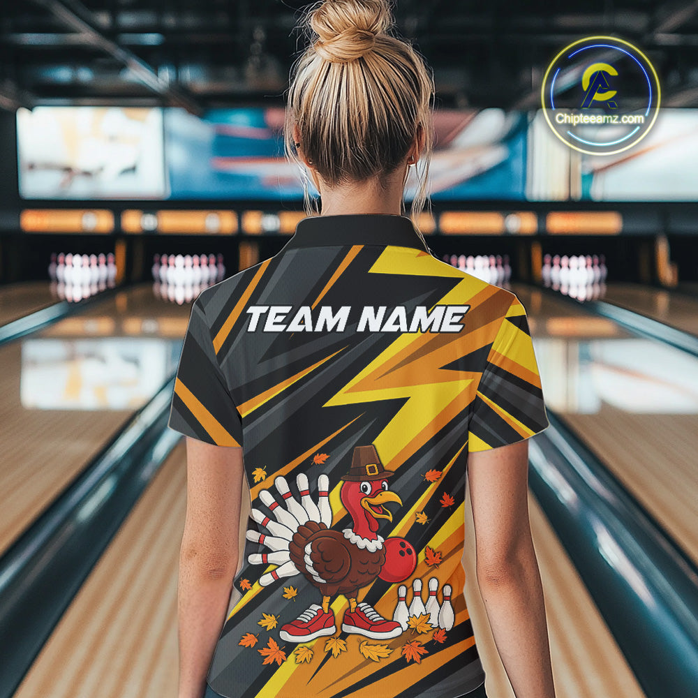Custom Funny Turkey Bowling Shirts For Women, Black and Yellow Camo Thanksgiving Bowling Shirt Team NQS10683