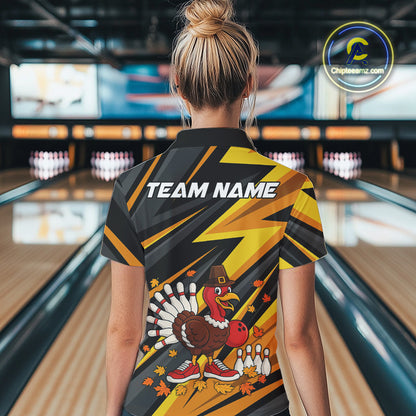 Custom Funny Turkey Bowling Shirts For Women, Black and Yellow Camo Thanksgiving Bowling Shirt Team NQS10683