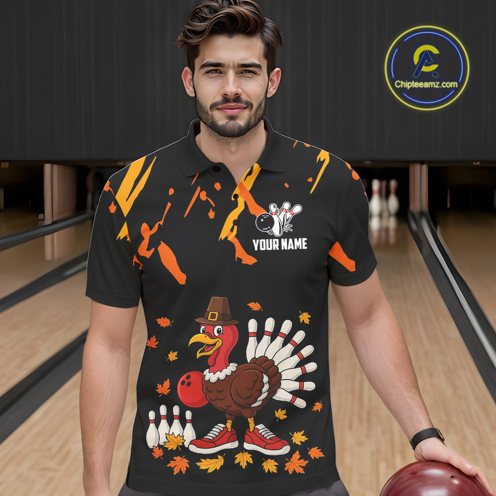 Custom Turkey Bowling Shirts For Men, Black and Orange Thanksgiving Autumn Team Bowling Jersey NQS10684