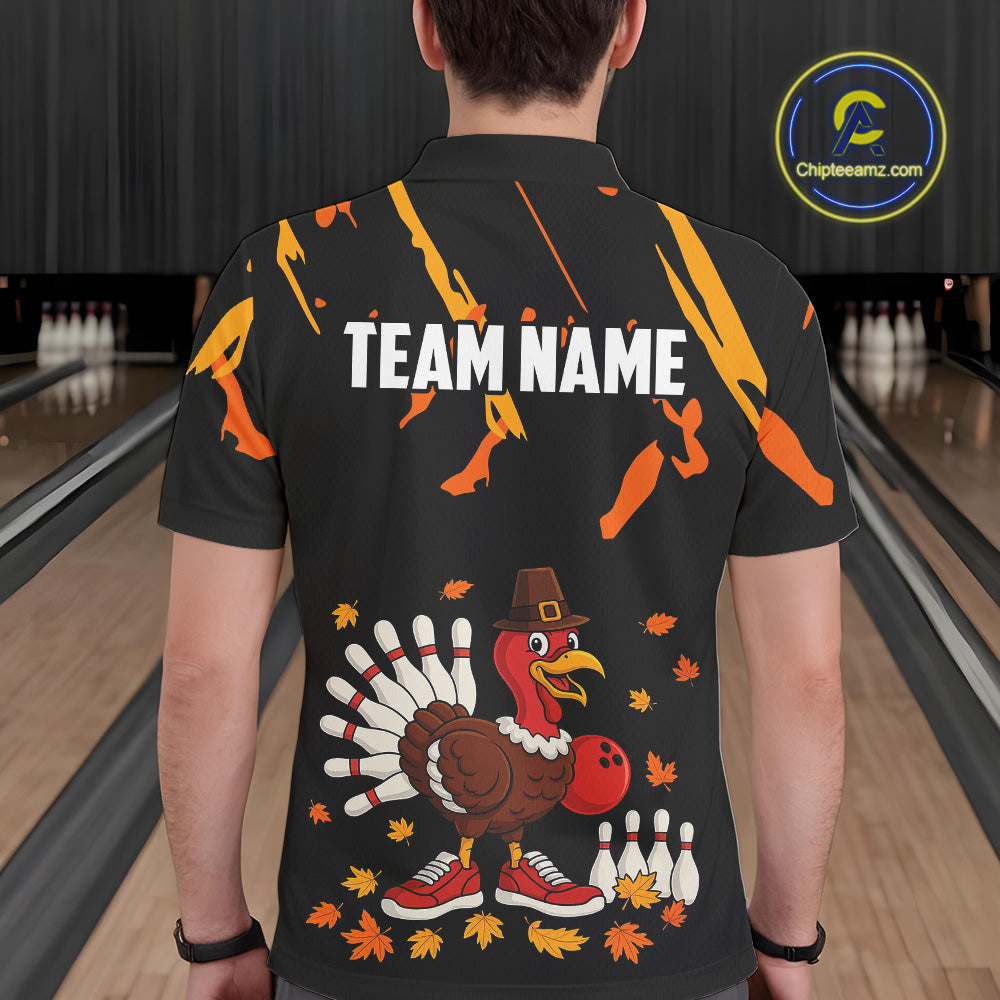 Custom Turkey Bowling Shirts For Men, Black and Orange Thanksgiving Autumn Team Bowling Jersey NQS10684