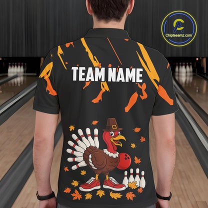 Custom Turkey Bowling Shirts For Men, Black and Orange Thanksgiving Autumn Team Bowling Jersey NQS10684
