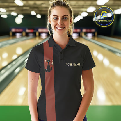 Custom retro bowling shirts Black and Orange Funny Cat Bowling jersey for Women Team Bowling Outfit NQS11073