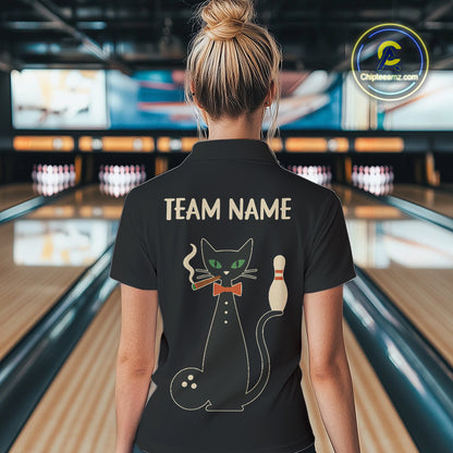 Custom retro bowling shirts Black and Orange Funny Cat Bowling jersey for Women Team Bowling Outfit NQS11073