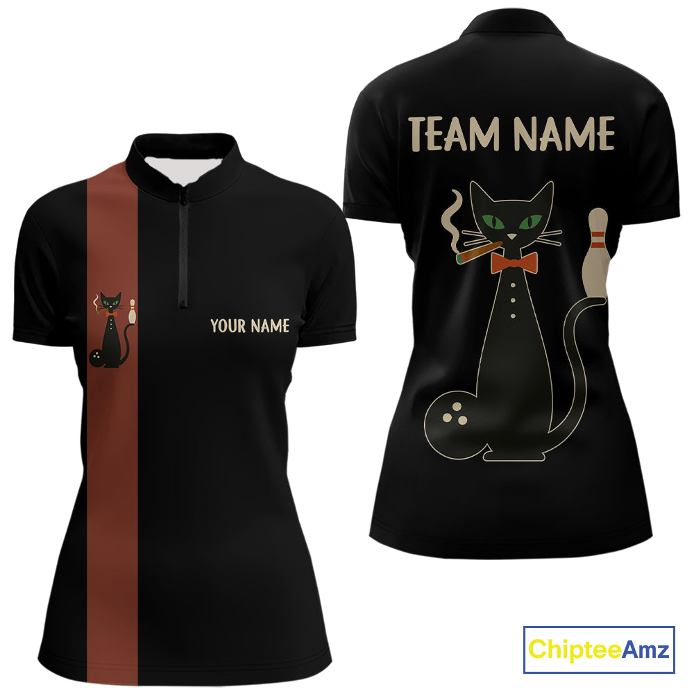 Custom retro bowling shirts Black and Orange Funny Cat Bowling jersey for Women Team Bowling Outfit NQS11073
