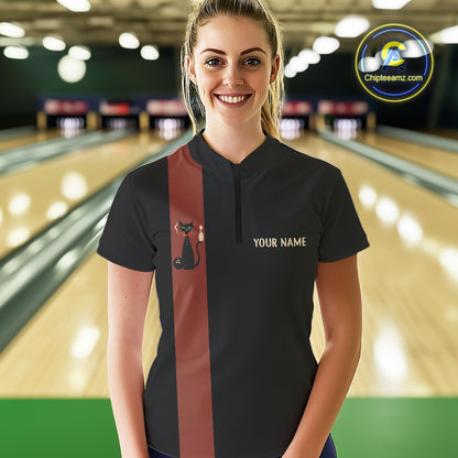 Custom retro bowling shirts Black and Orange Funny Cat Bowling jersey for Women Team Bowling Outfit NQS11073