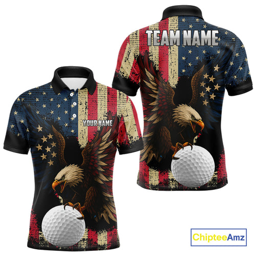 Vintage American Flag Eagle Mens Golf Polo Shirt Custom Patriotic Retro Team golf attire for men NQS10476