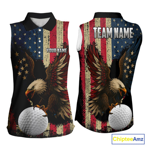Vintage American Flag Eagle Sleeveless Golf Polo Shirt Custom Patriotic Retro Team ladies golf attire NQS10476