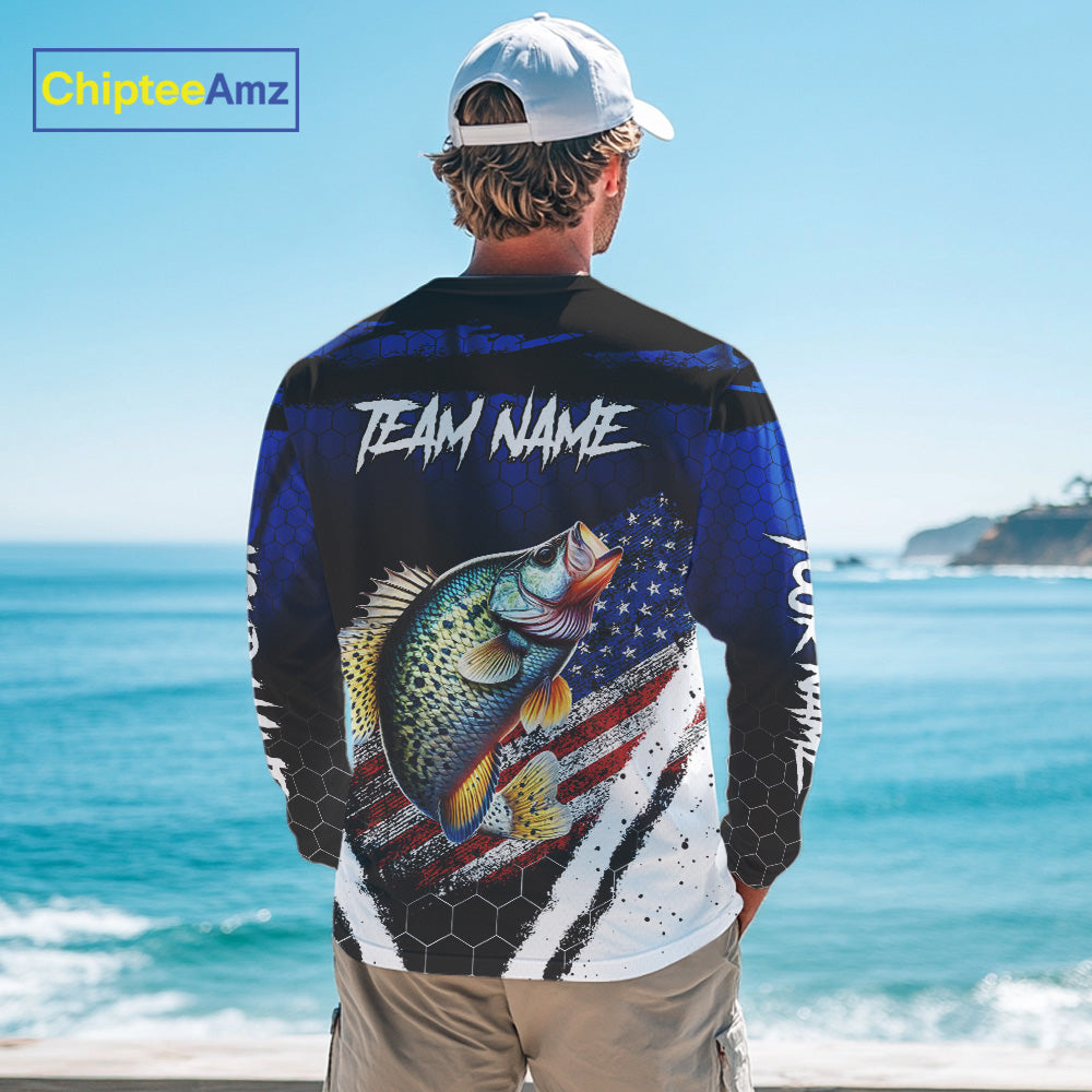Crappie fishing American Flag Custom patriotic long sleeve team Crappie fishing shirts | Blue NQS10685