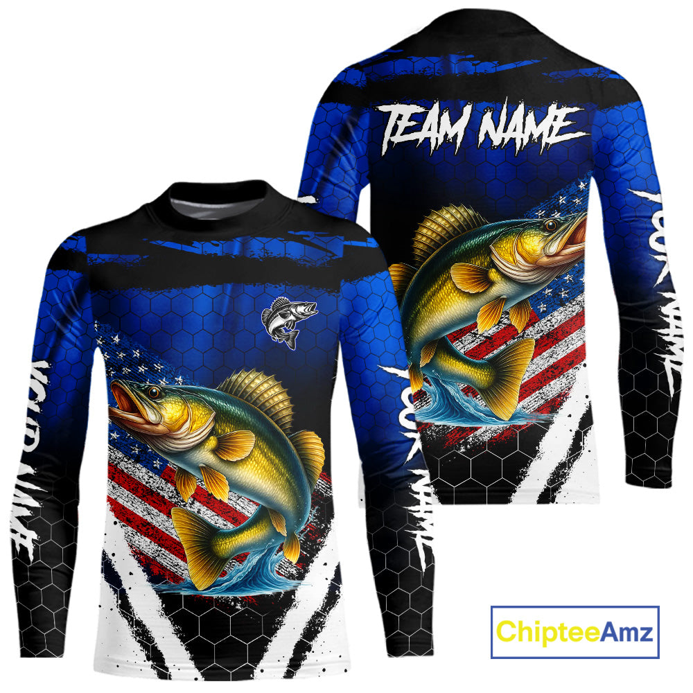 Walleye fishing American Flag Custom patriotic long sleeve team Walleye fishing shirts | Blue NQS10686