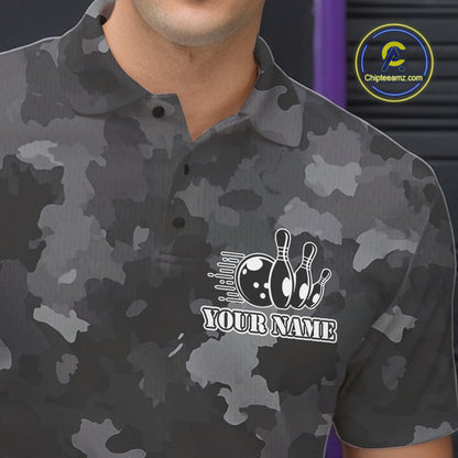 Bowling Polo, Quarter Zip shirts For Men Custom bowling ball and pins black camo Bowling Team Jersey NQS10889