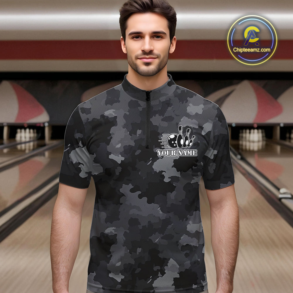 Bowling Polo, Quarter Zip shirts For Men Custom bowling ball and pins black camo Bowling Team Jersey NQS10889
