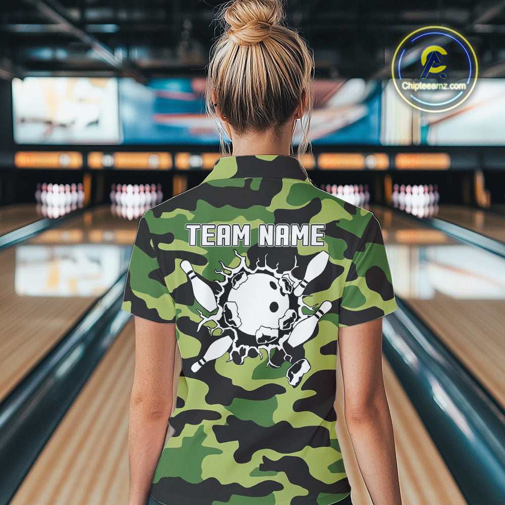 Bowling Polo, Quarter Zip shirts For Women Custom bowling ball & pins Green camo Bowling Team Jersey NQS10890