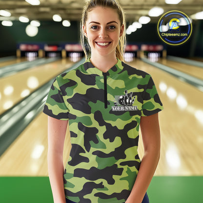 Bowling Polo, Quarter Zip shirts For Women Custom bowling ball & pins Green camo Bowling Team Jersey NQS10890