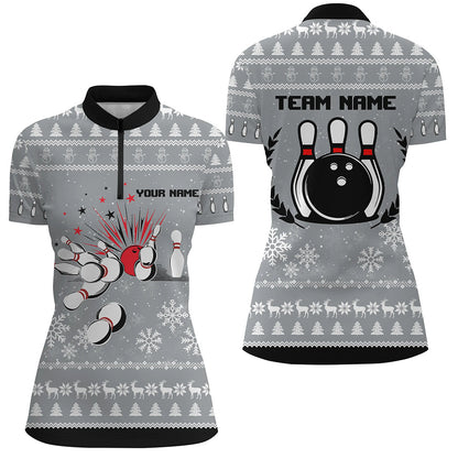 Grey Ugly Christmas pattern Women Bowling Polo, Quarter zip shirts Custom Xmas Team Bowling Jersey NQS8973