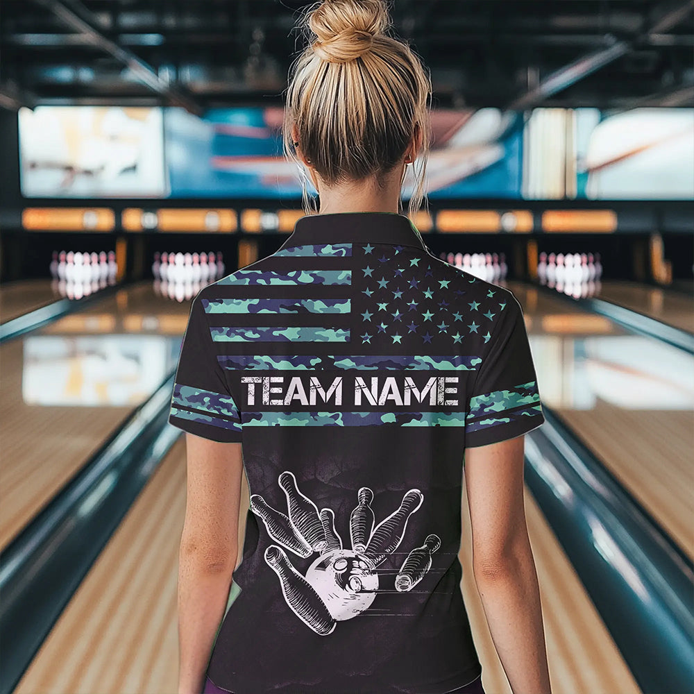 Personalized Turquoise camo American flag Custom Bowling Team Shirts For Women, Bowling League Jersey NQS9725