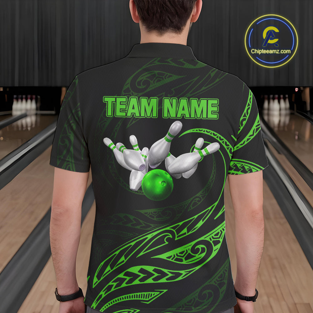 Black and Green Tribal Pattern Bowling Polo, Quarter Zip shirts For Men Custom Team Bowling Jerseys NQS10484