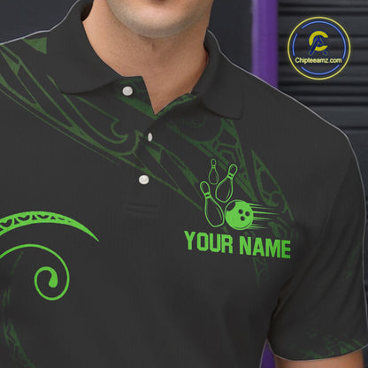 Black and Green Tribal Pattern Bowling Polo, Quarter Zip shirts For Men Custom Team Bowling Jerseys NQS10484