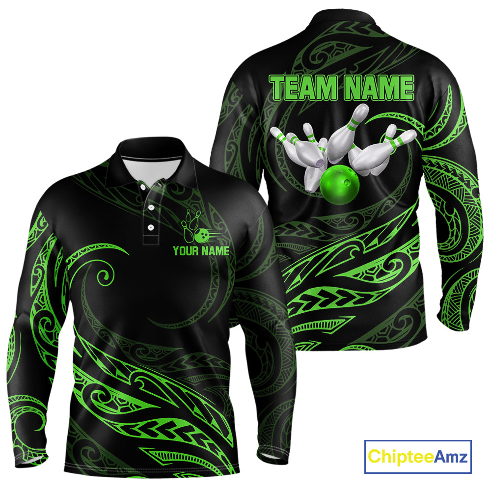 Black and Green Tribal Pattern Bowling Polo, Quarter Zip shirts For Men Custom Team Bowling Jerseys NQS10484