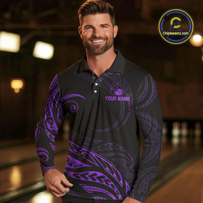 Black and Purple Tribal Pattern Bowling Polo, Quarter Zip shirts For Men Custom Team Bowling Jerseys NQS10486